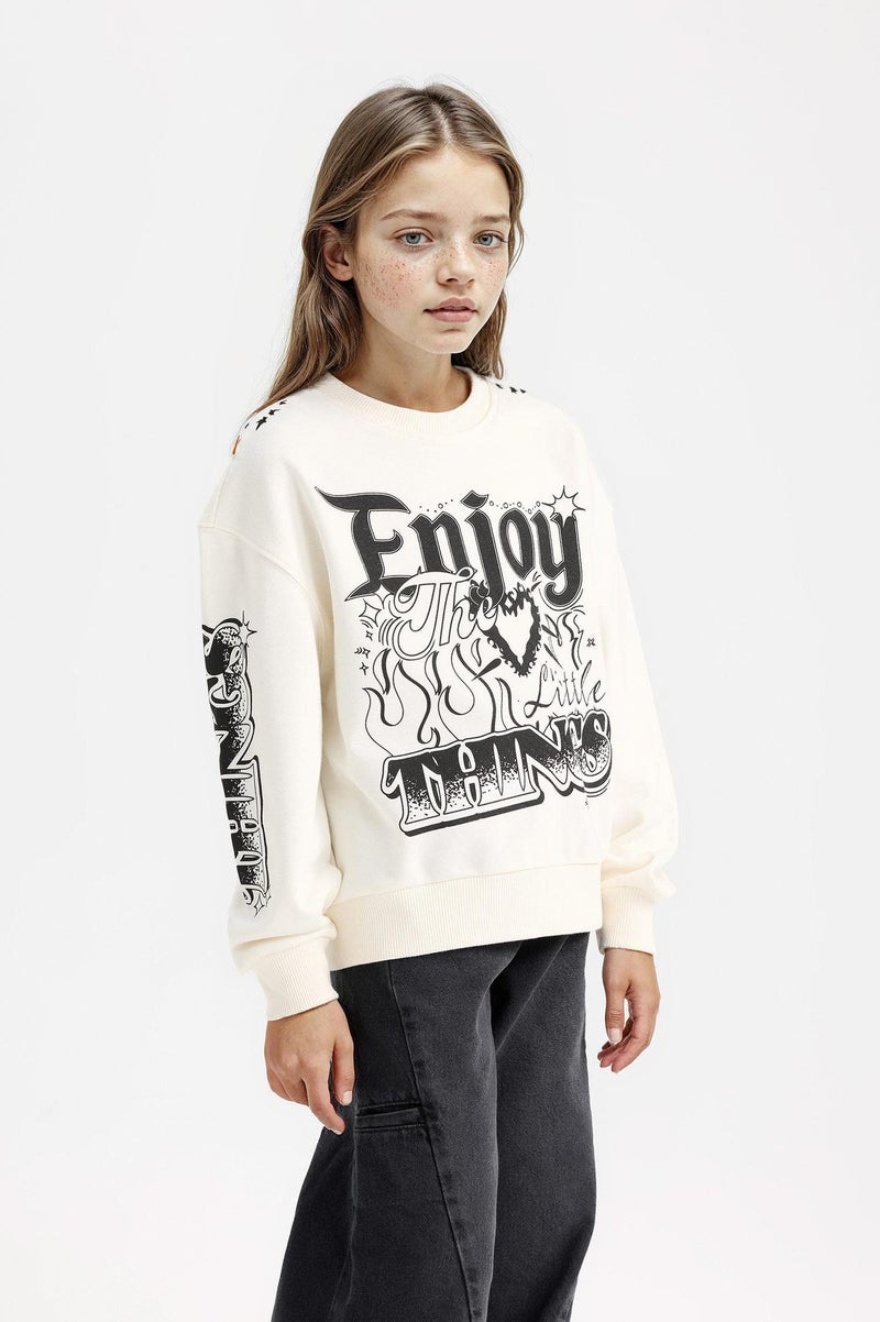 DeFacto Beige Girl Girl Oversize Mold Crew Neck Sweatshirt Casual - Image 3